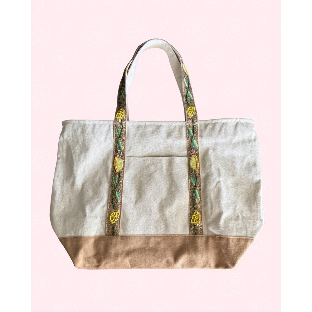 America & Beyond Beaded Lemon Canvas Tote Bag Cream Tan NWT
